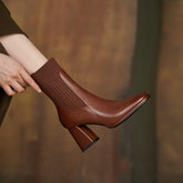 Square Toe Vintage French Chunky Heel Women's New Brown Knitted Stretch Socks High Heel Ankle Boots - Fashionner